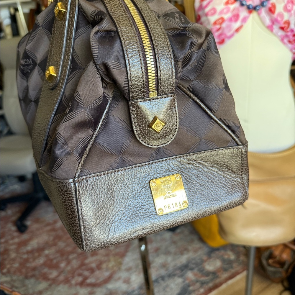 MCM Dark Brown Checkered Satchel